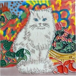 Ceramic Tile Plaque Trivet White Cat with Flowers Multicolor